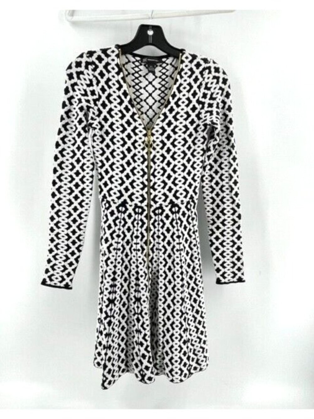INC Women's Black White Geometric Print Zip Front Long Sleeve Knit Dress Size XS